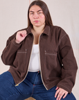 Marielena is wearing Mechanic Jacket in Fudgesicle Brown