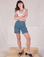 Alex is 5'8" and wearing XXS Railroad Carpenter Shorts in Baby Blue