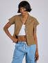 Kira is 5’10” and wearing P Pantry Button-Up in Desert Brown