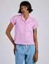 Kira is 5’10” and wearing P Pantry Button-Up in Lilac Purple