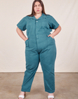 Marielena is 5’8” and wearing 2XL Short Sleeve Jumpsuit in Marine Blue
