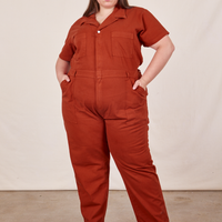Marielena is 5’8” and wearing 2XL Short Sleeve Jumpsuit in Paprika