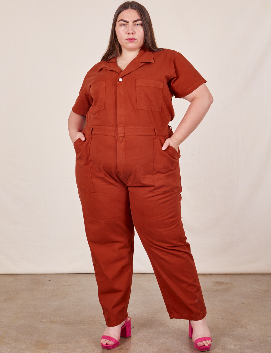 Marielena is 5’8” and wearing 2XL Short Sleeve Jumpsuit in Paprika