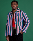 Isaac is 5’10” and wearing M Stripe Work Jacket in Pacific Stripe