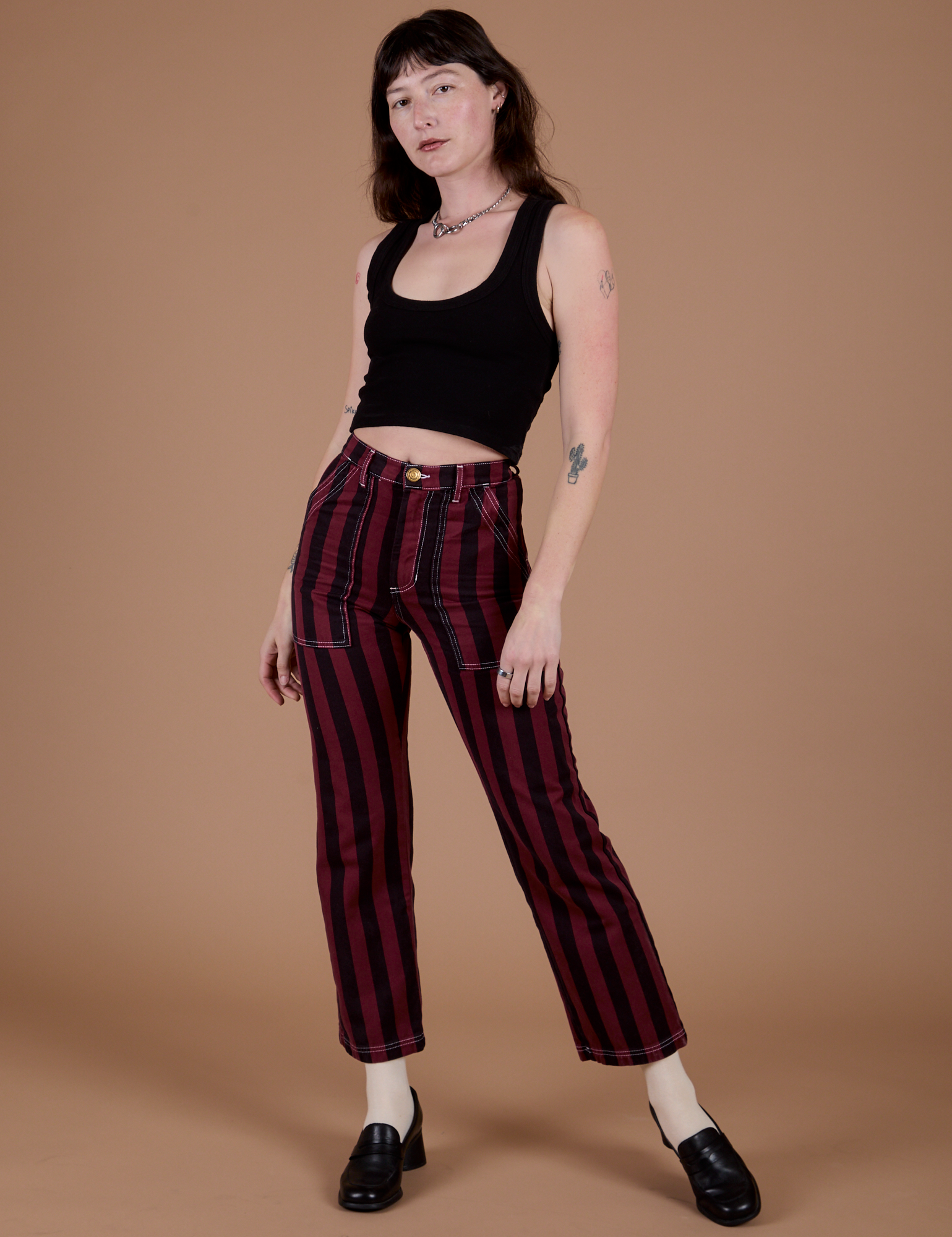 Black Stripe Work Pants - Red Wine