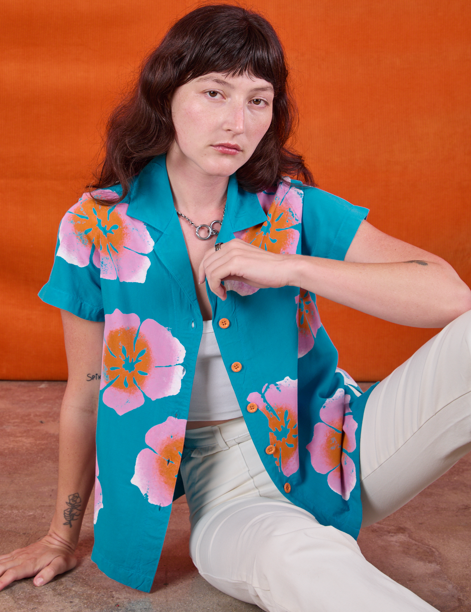 Paintstamped Pantry Button-Up in Hawaiian Blue on Alex