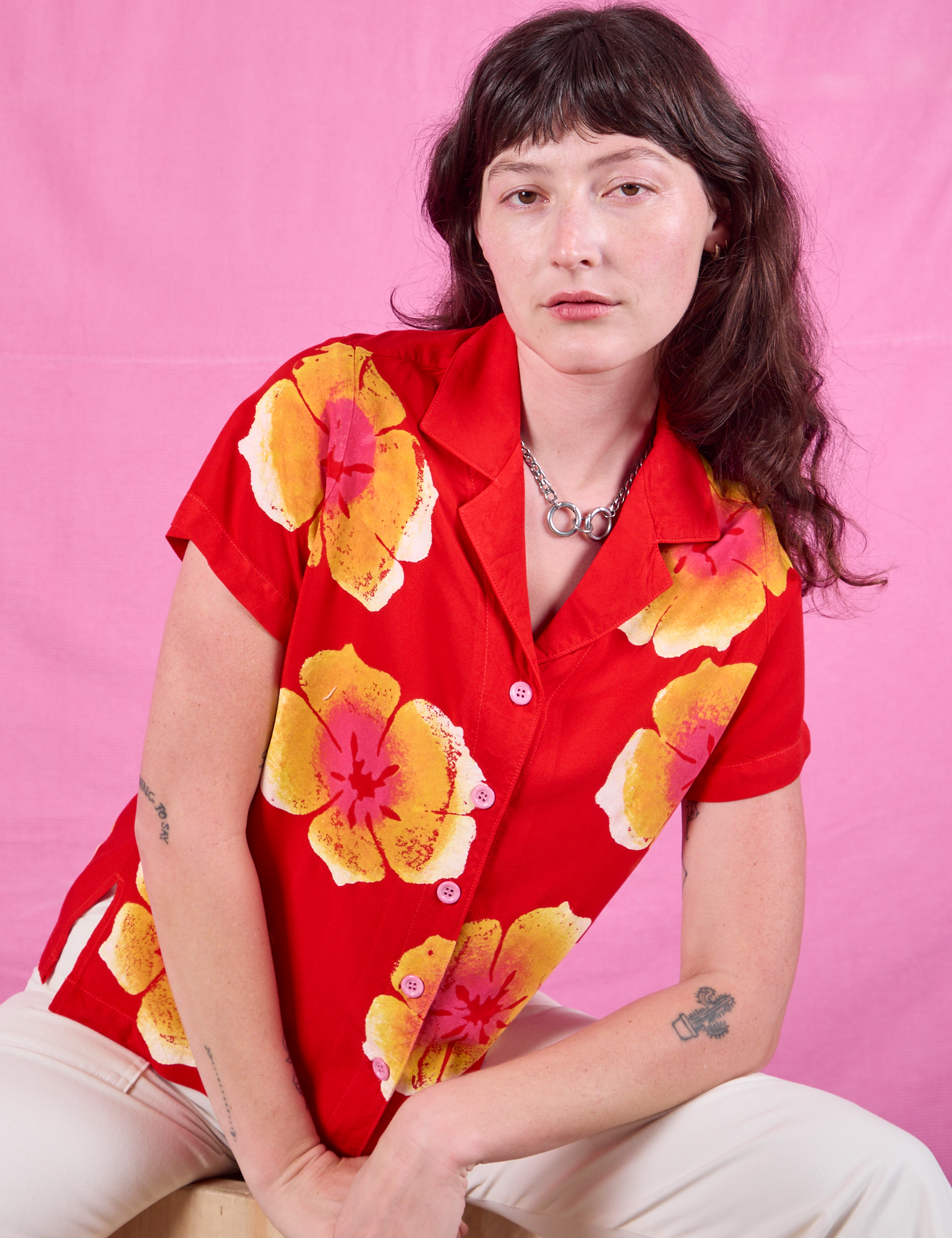 Paintstamped Pantry Button-Up in Mustang Red on Alex