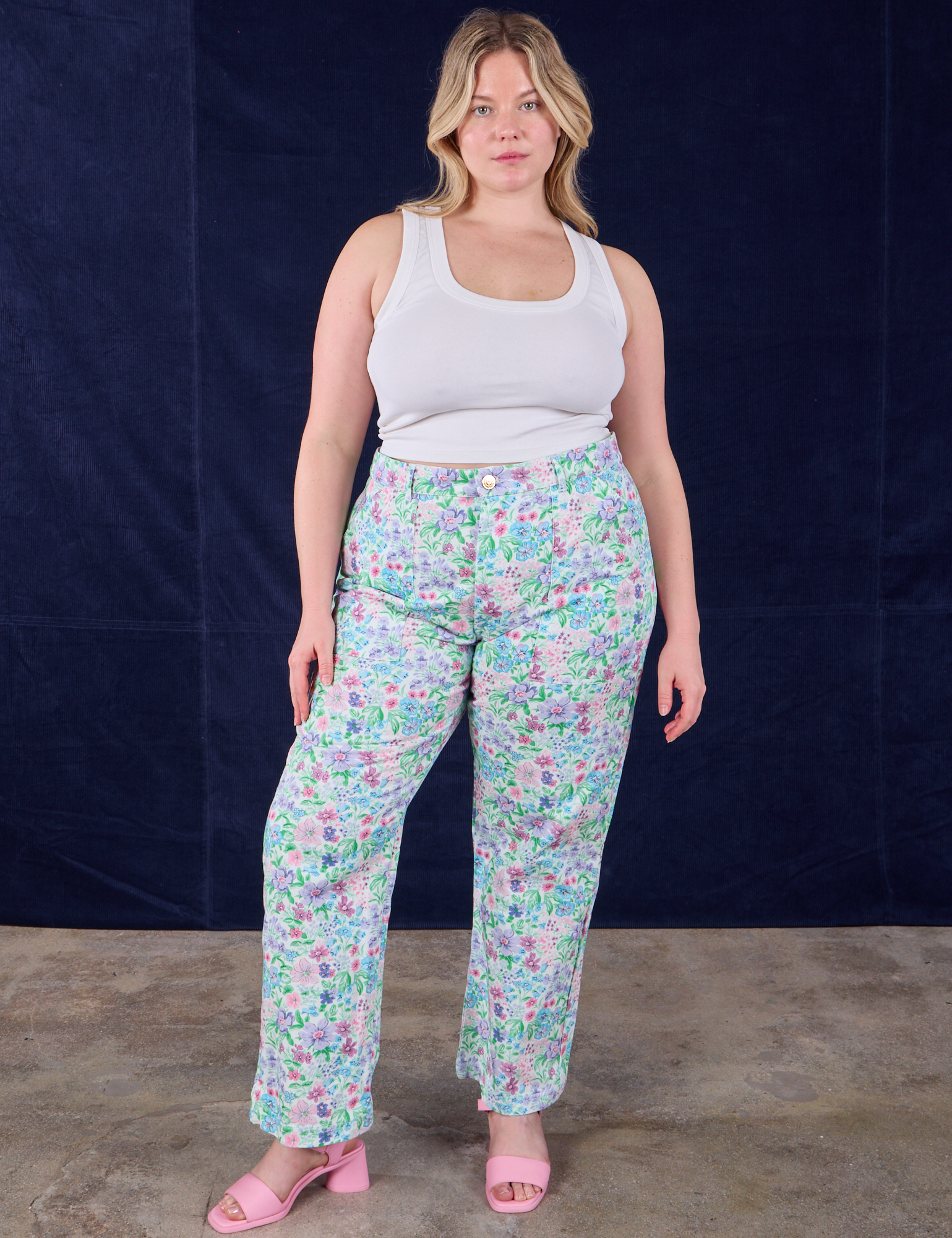 Lish is 5'8" and wearing XL Work Pants in Vintage Wallpaper paired with a Cropped Tank in Vintage Tee Off-White