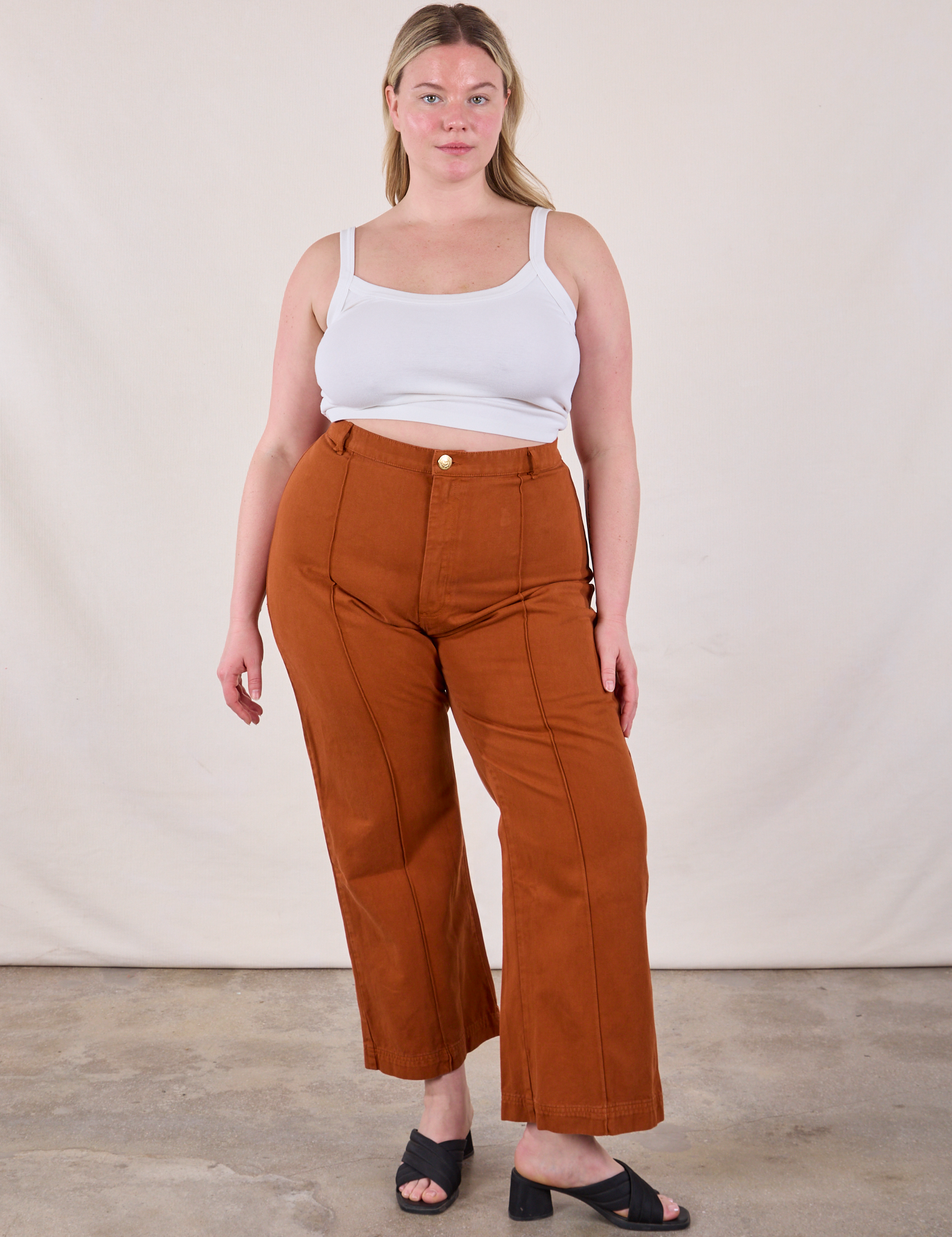 Lish is 5'8" and wearing XL Western Pants in Burnt Terracotta paired with a Cami in Vintage Tee Off-White