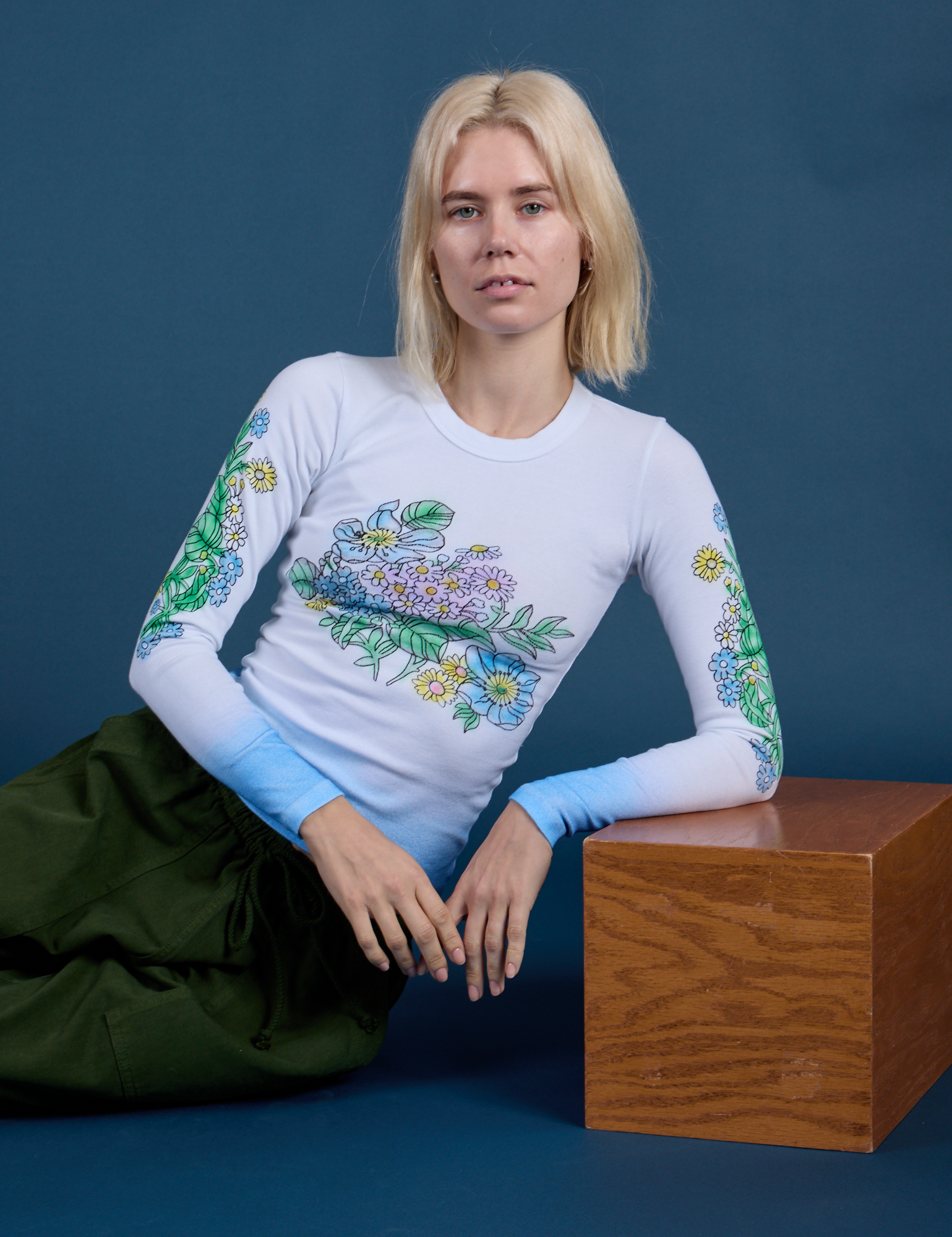 Floral Long Sleeve Baby Tee in Baby Blue on Madeline