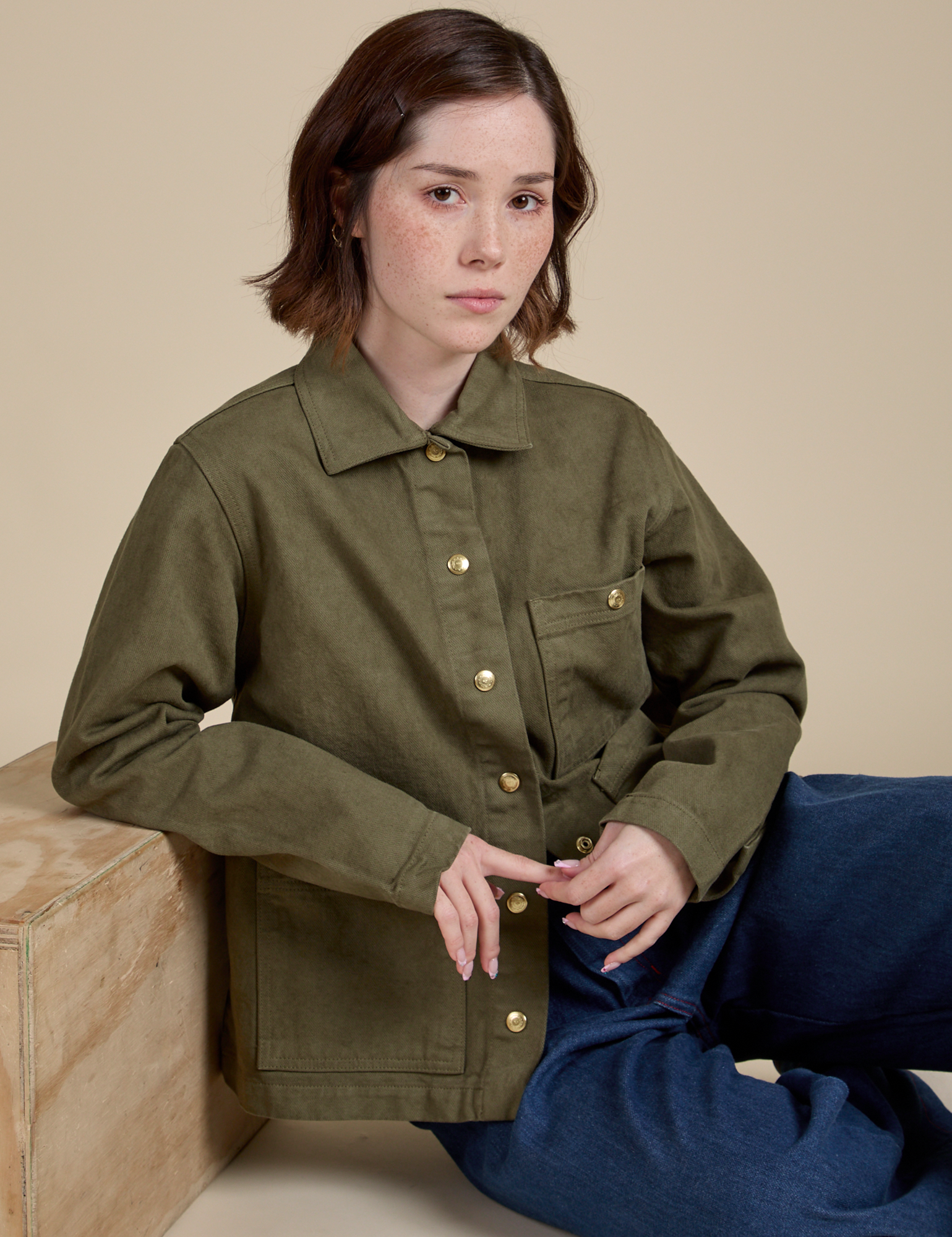 Denim Work Jacket in Surplus Green on Hana