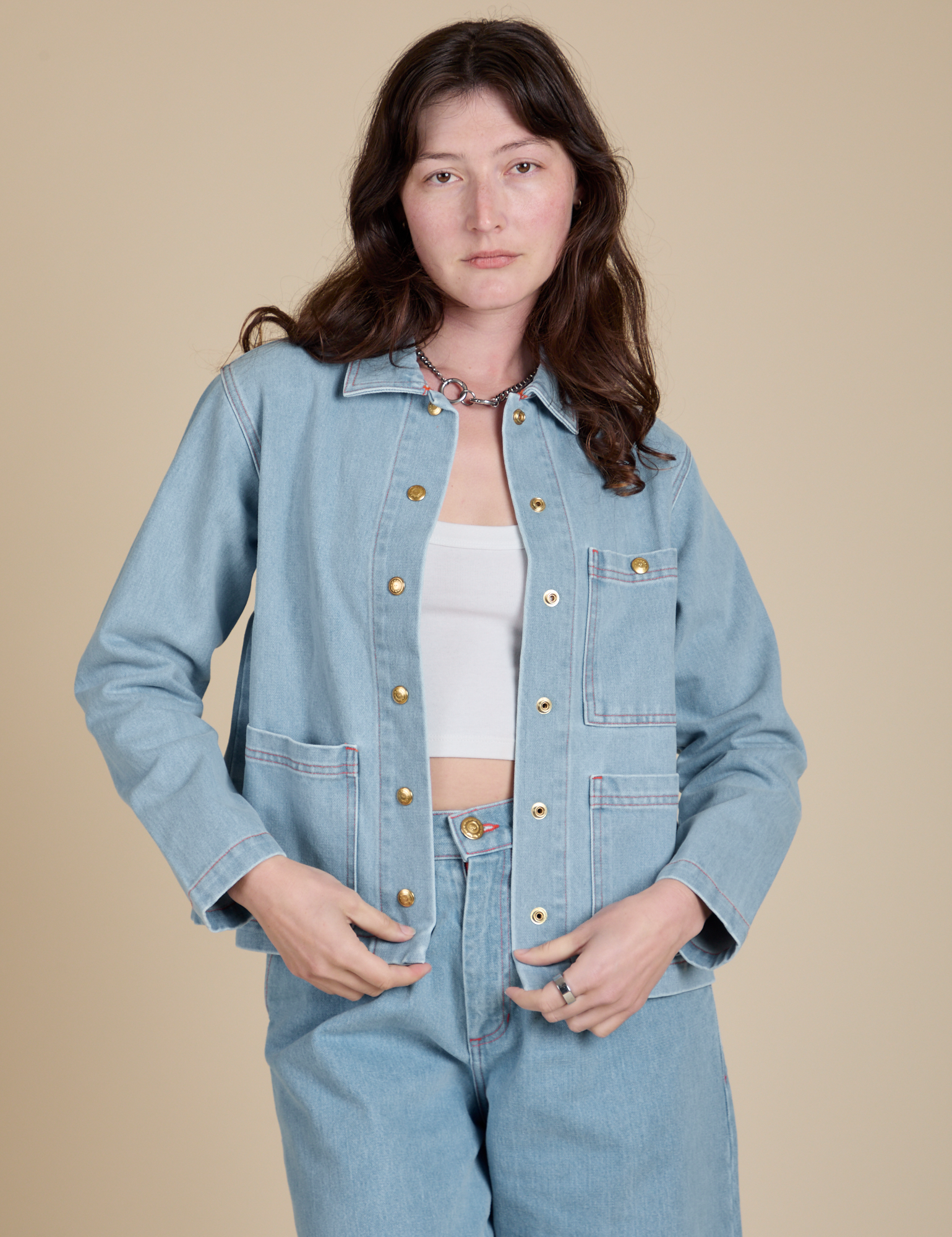 Alex is 5'8" and wearing P Indigo Denim Work Jacket in Light Wash