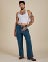 Jesse is 5’8” and wearing S Work Pants in Lagoon paired with a vintage tee white Cropped Tank