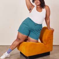 Morgan is 5'5" and wearing size 1XL Classic Work Shorts in Marine Blue paired with vintage off-white Tank Top
