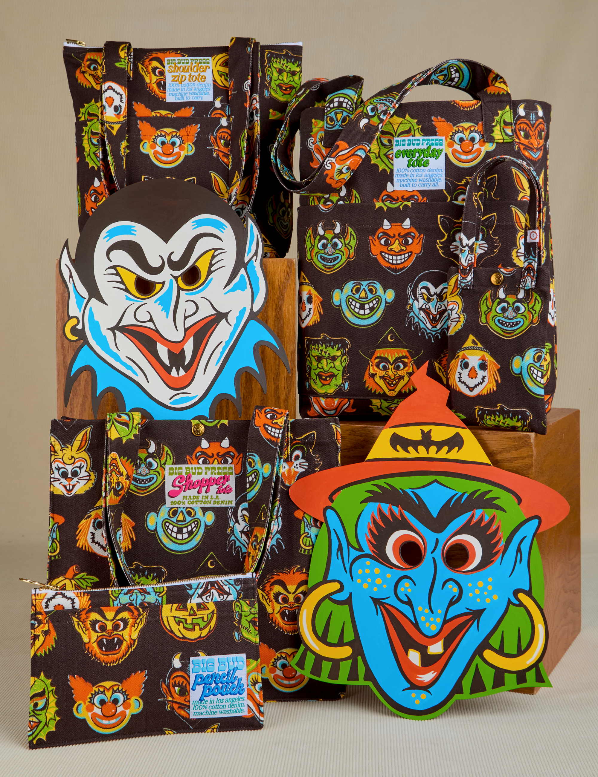 Halloween Masks Printed Bags featuring Everyday Tote, Shoulder Zip Tote, Shopper Tote and Pencil Pouch