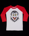 Raglan Tee in Dracula. White body 3/4 sleeve tee with red sleeves.
