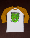 Raglan Tee in Frankenstein. White tee body with spicy mustard 3/4 sleeves