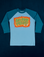 Raglan Tee in Haunted BBP. Light blue tee body with marine blue 3/4 sleeves