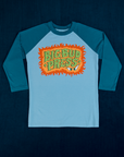 Raglan Tee in Haunted BBP. Light blue tee body with marine blue 3/4 sleeves