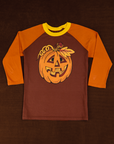 Raglan Tee in Jack-O-Lantern. Fudgesicle Brown tee body with orange 3/4 sleeves and yellow neckline