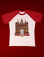 Short Sleeve Raglan Tee in Gates of Hell. White tee body with red sleeves.
