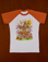 Short Sleeve Raglan Tee in Haunted House. White tee body with orange sleeves.