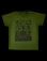 Vintage Tee in Papercut. Green shirt body with black graphic of pumpkin, devils, a witch, scarecrow bats and the moon.