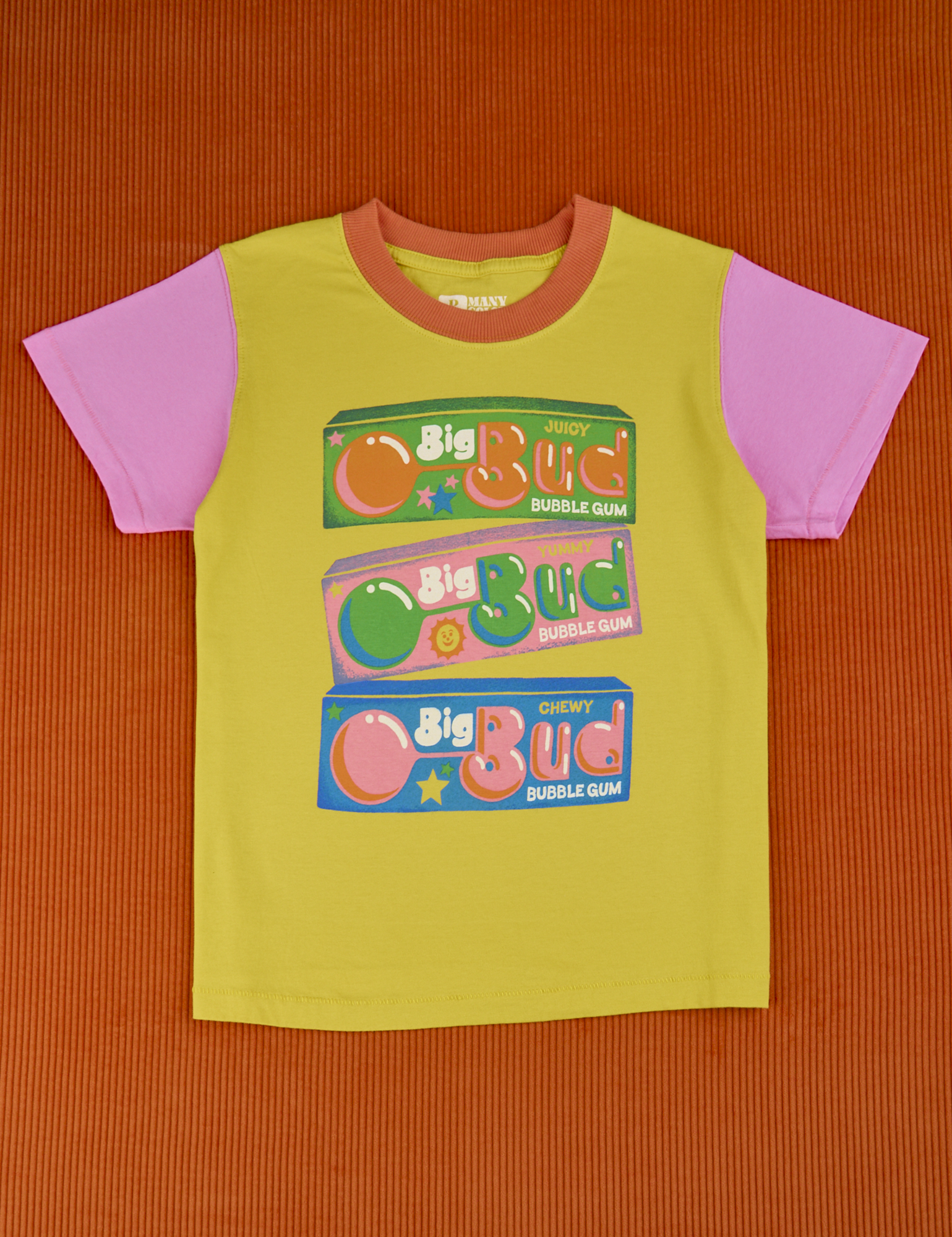Vintage Tee in Bubblegum. Yellow body, orange collar and pink sleeves. Graphic of Big Bud bubblegum.
