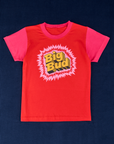 Vintage Tee in Pop Rocks Explosion. Mustang Red t-shirt body with hot pink sleeves. Big Bug in yellow text surrounded by pink and red.