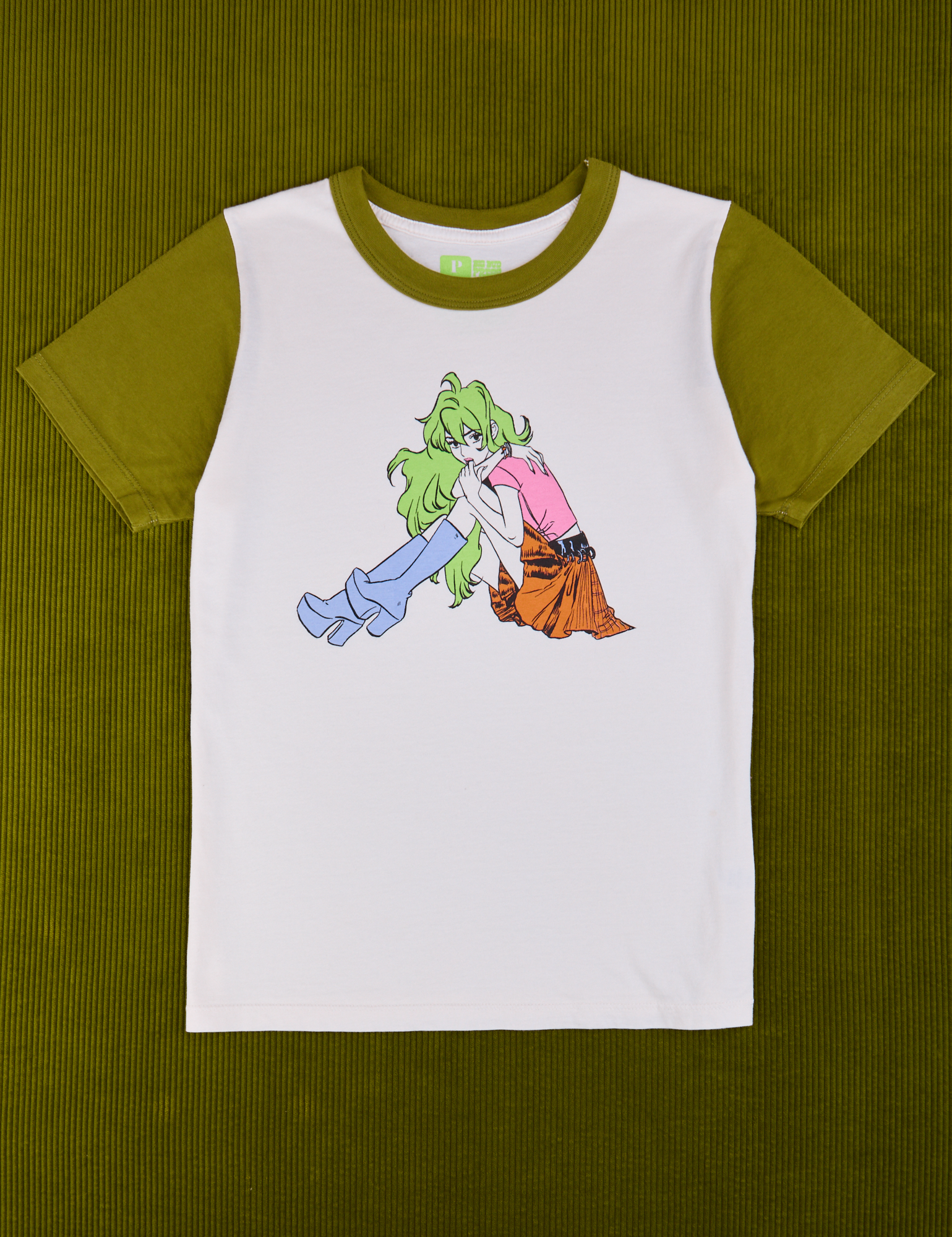 Olive Lottie Tee. White body with olive green sleeves and neckline
