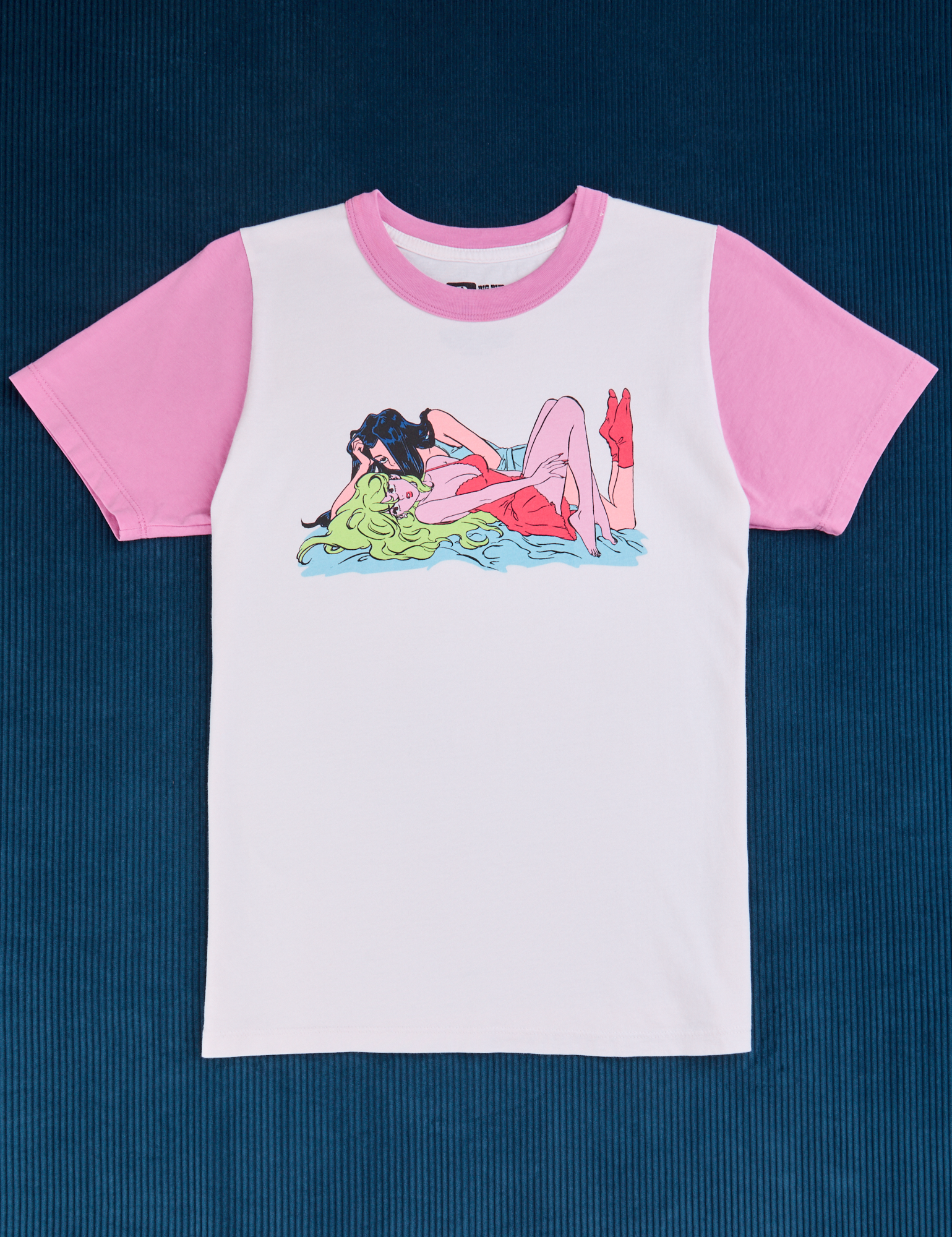 Pink Lottie & Caroline Tee. White tee body with light pink sleeves and neckline. 