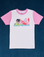 Pink Lottie & Caroline Tee. White tee body with light pink sleeves and neckline. 
