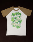 White tee body with green sleeves. Garlic illustration in middle of shirt