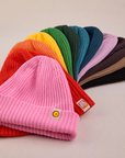 Ribbed Beanies fanned out in an array of colors