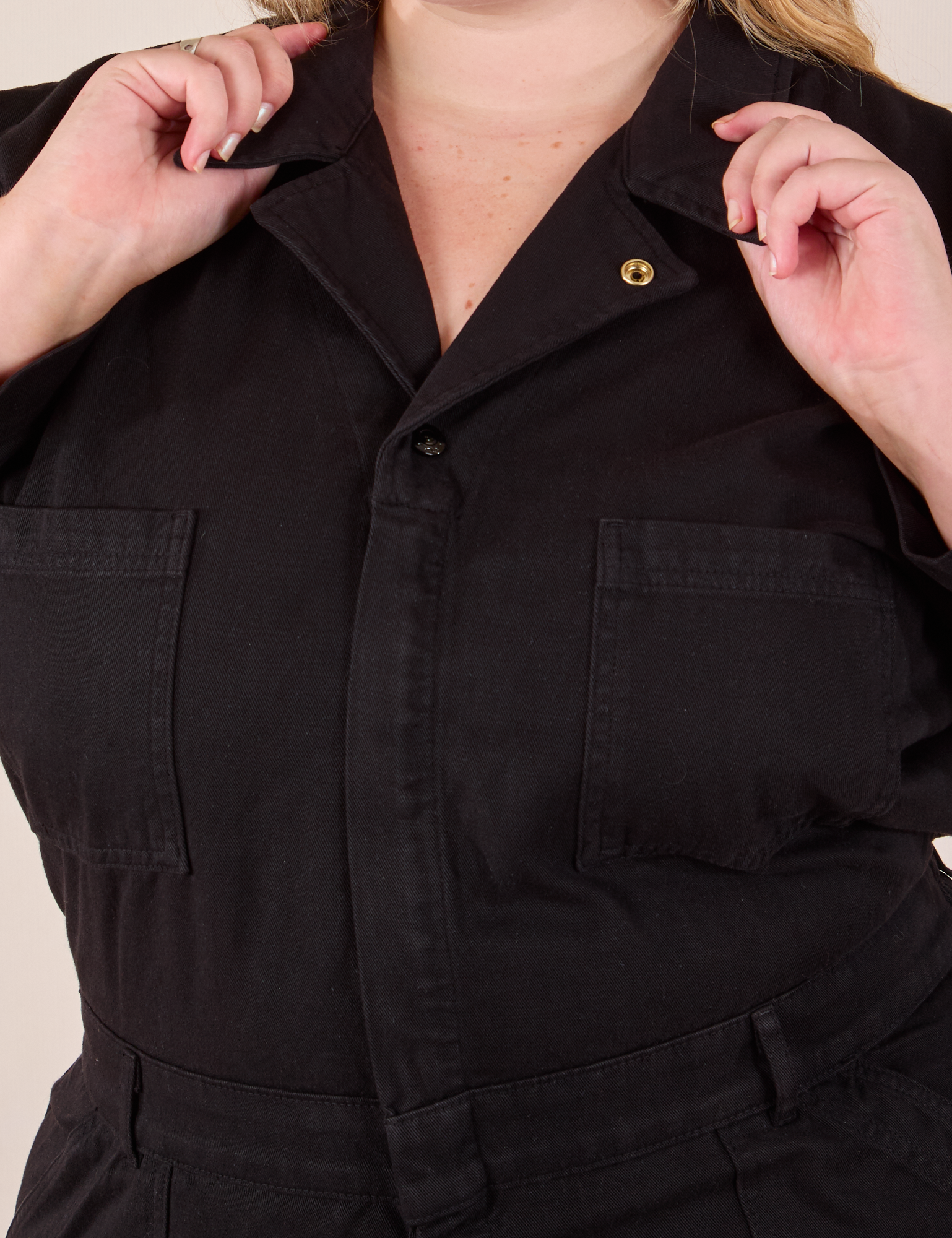 Long Sleeve Jumpsuit in Basic Black front close up on Juliet