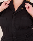 Long Sleeve Jumpsuit in Basic Black front close up on Juliet