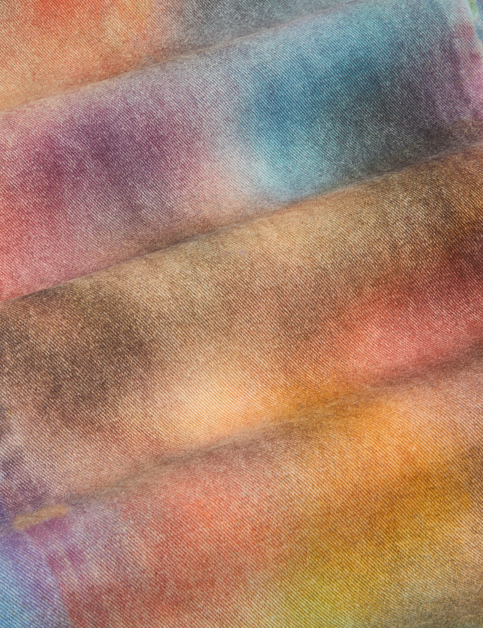 Airbrush Palette Work Pants fabric detail close up. Red, Brown, Yellow, Orange, Purple, Blue airbrush.