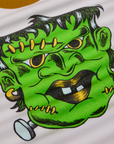 Close up of screenprinted green Frankenstein