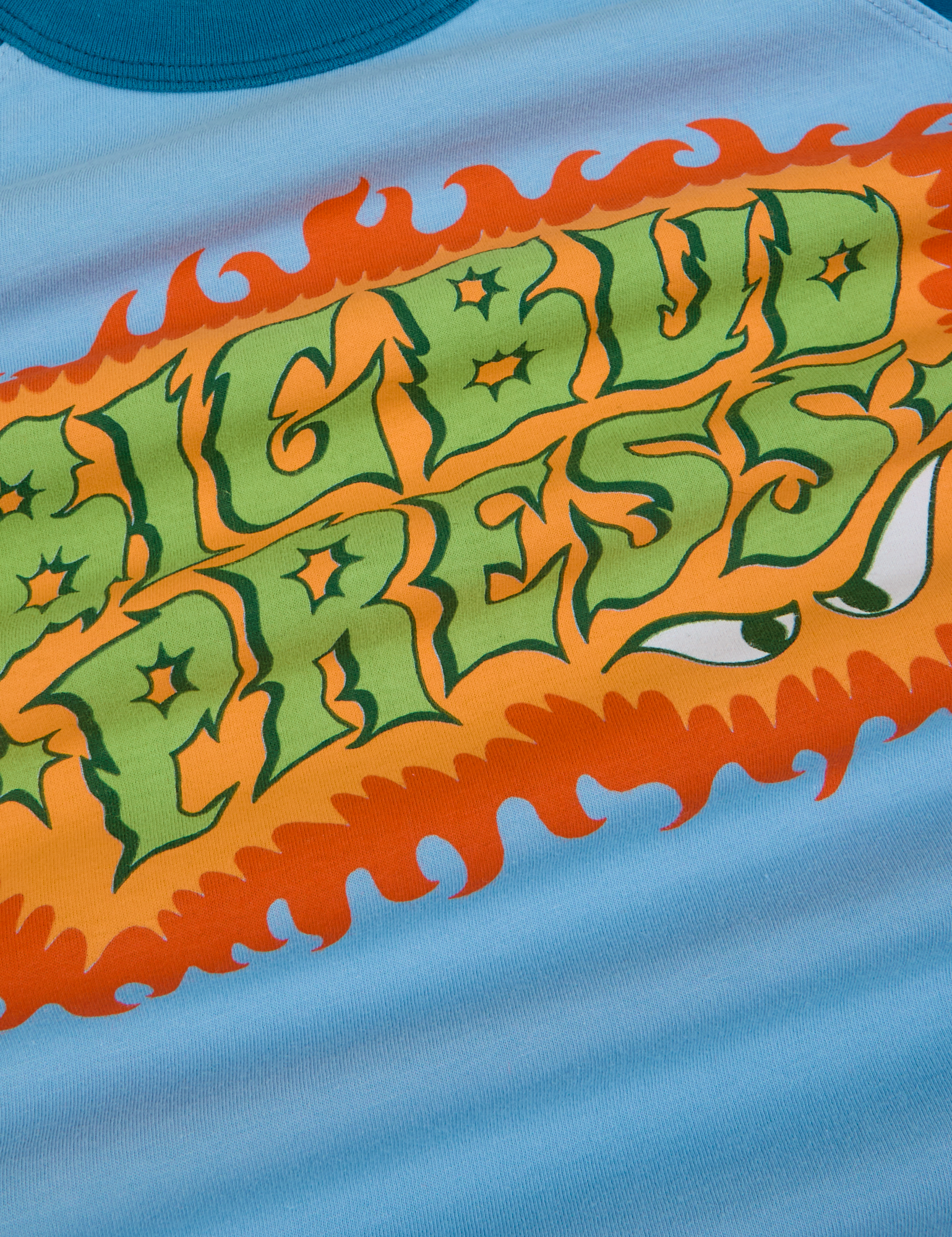 Close up of screenprinted Big Bud Press in green text surrounded by an orange firey border.