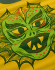 Close up of screenprinted creature on front of shirt