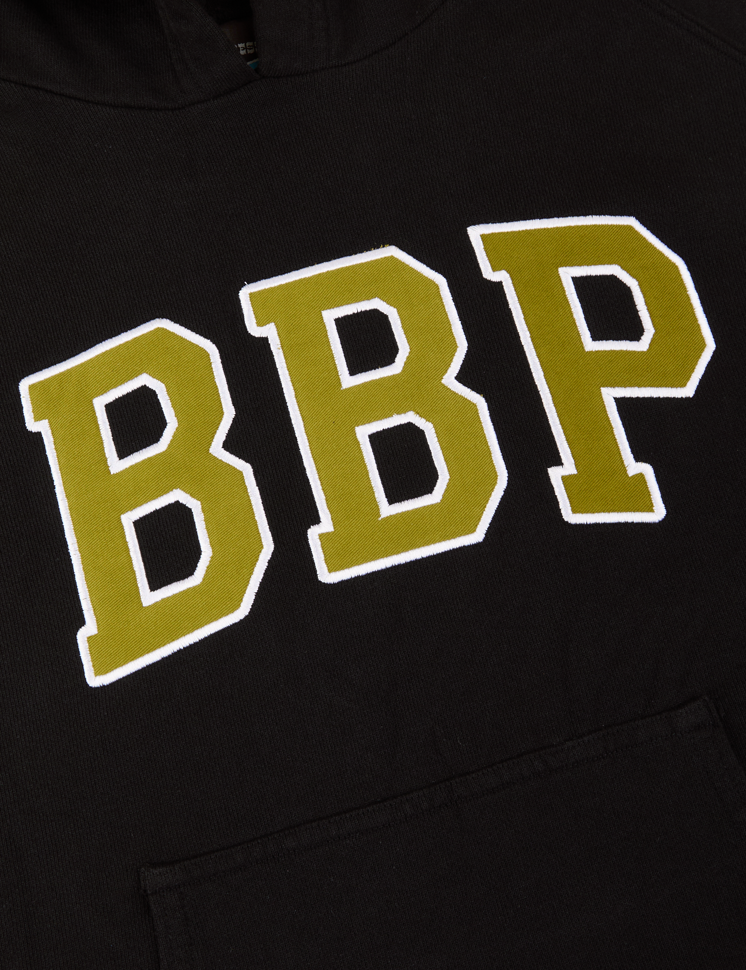 Collegiate Hoodie in Basic Black close up of embroidered BBP logo