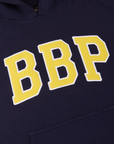 Collegiate Hoodie in Navy Blue close up of embroidered BBP in yellow with a white border