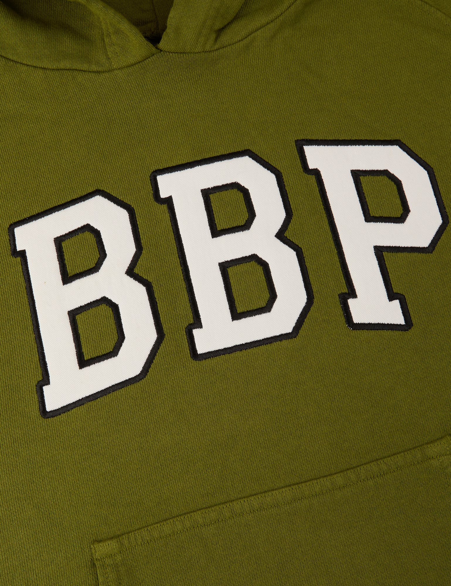 Collegiate Hoodie in Summer Olive close up of embroidered BBP logo in white with black outline