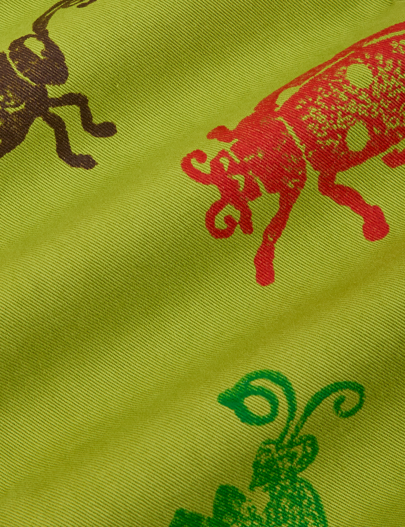 Paintstamped Bug Work Pants in Gross Green fabric detail close up