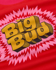 Vintage Tee in Pop Rocks Explosion close up of Big Bud text in yellow 
