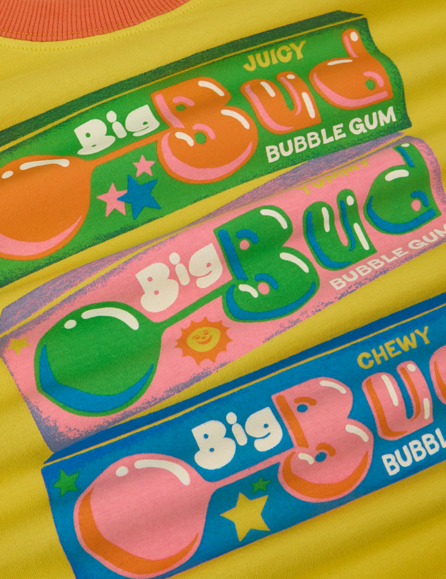 Close up of Big Bud bubblegum packs on Vintage Tee in Bubblegum