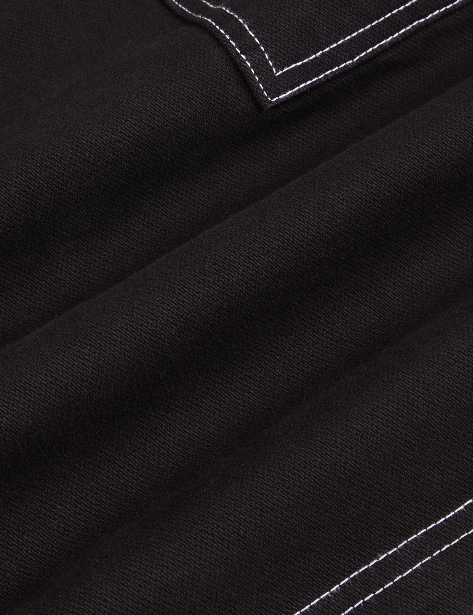 Carpenter Shorts in Basic Black fabric detail close up.Contrast white stitching. 