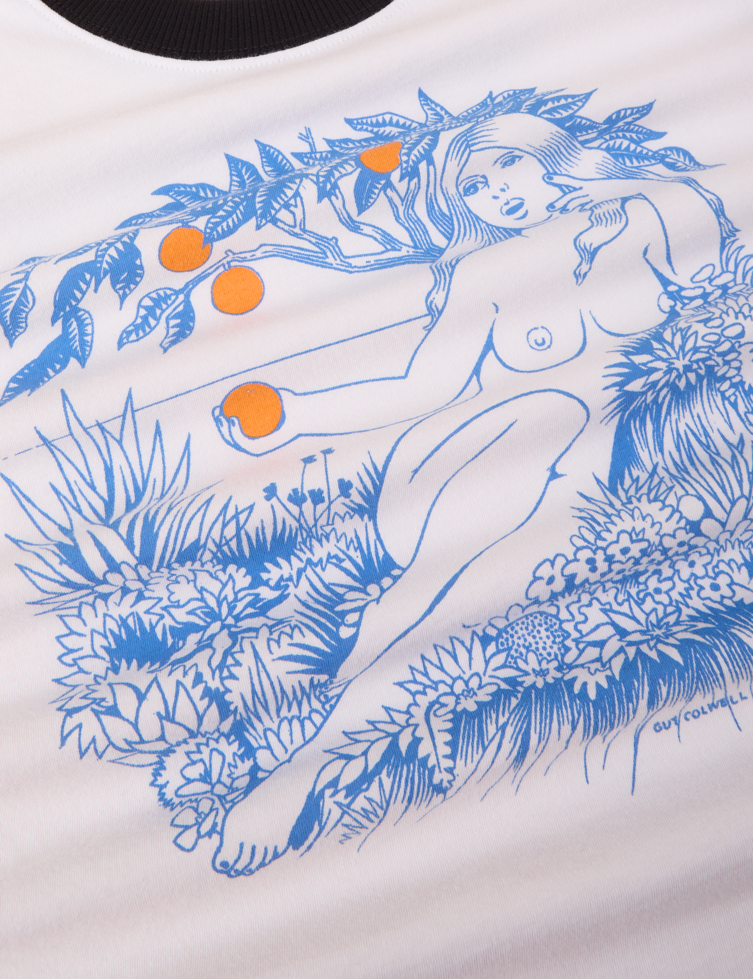 Vintage Tee in California Girl close up of illustration of naked woman holding an orange