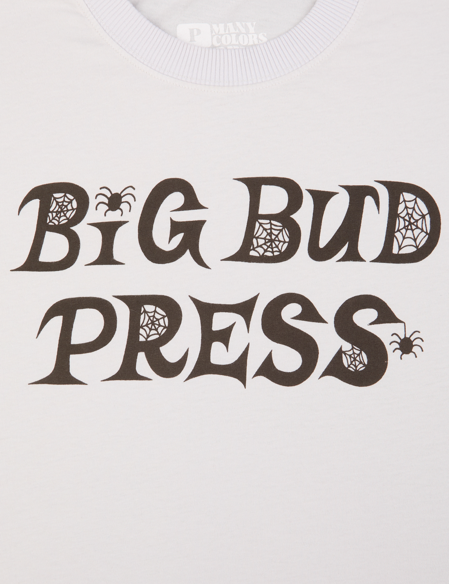 Big Bud Press in black text with spiders and spider webs on dishwater white Organic Vintage Tee