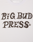 Big Bud Press in black text with spiders and spider webs on dishwater white Organic Vintage Tee